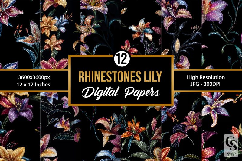 rhinestone-lily-flowers-seamless-patterns