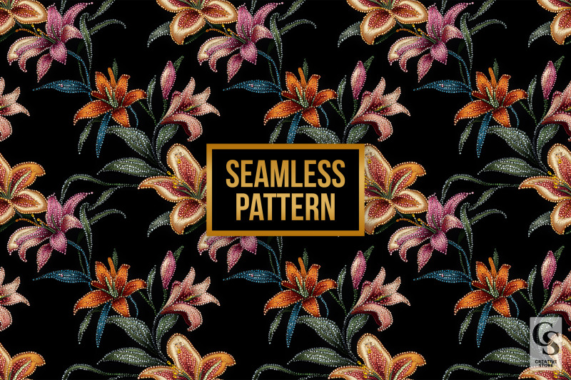 rhinestone-lily-flowers-seamless-patterns