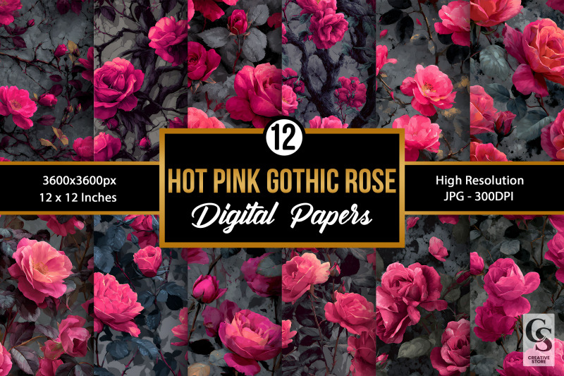 hot-pink-gothic-roses-digital-paper