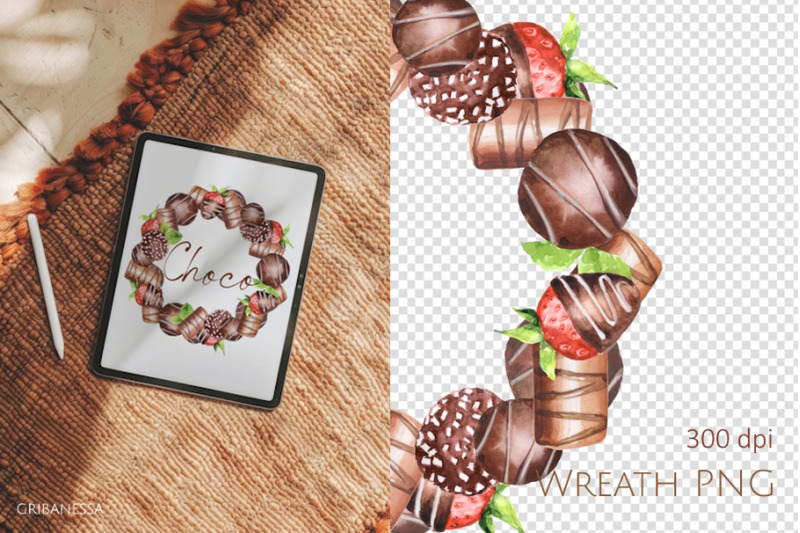 watercolor-chocolate-and-strawberry-wreath-png