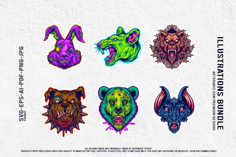 grotesque-zombie-creatures-scary-cartoon-beast-heads-illustration