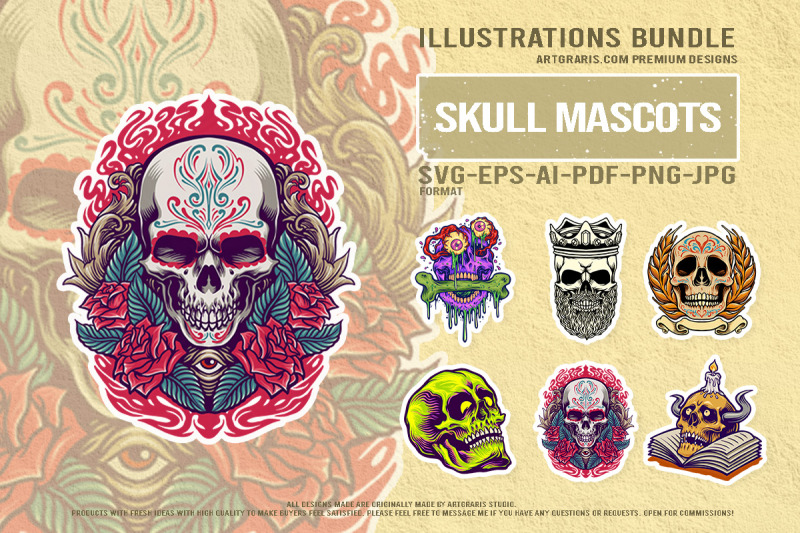 mystic-skull-collection-with-crown-flowers-book-fire-illustrations