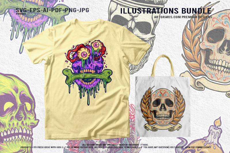mystic-skull-collection-with-crown-flowers-book-fire-illustrations