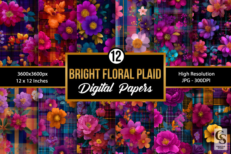 bright-retro-floral-plaid-digital-paper