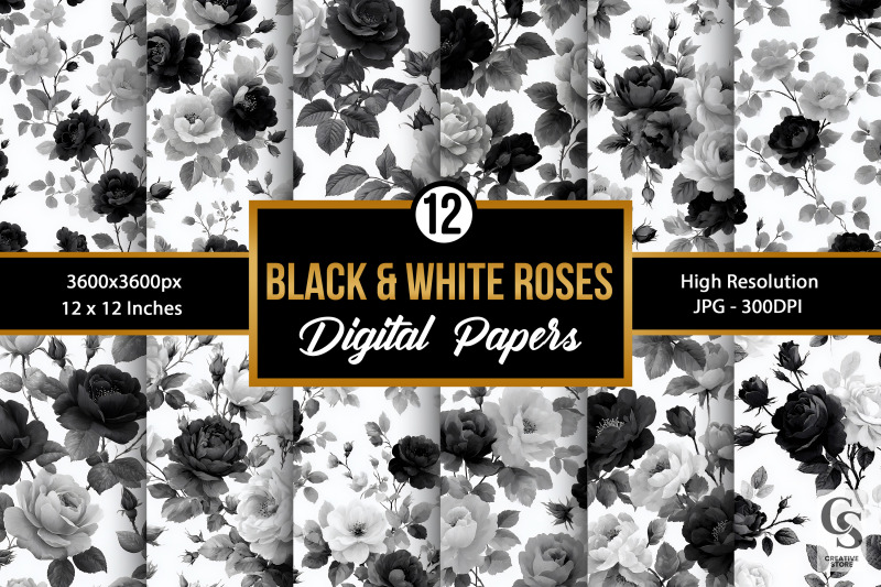 black-and-white-roses-digital-paper