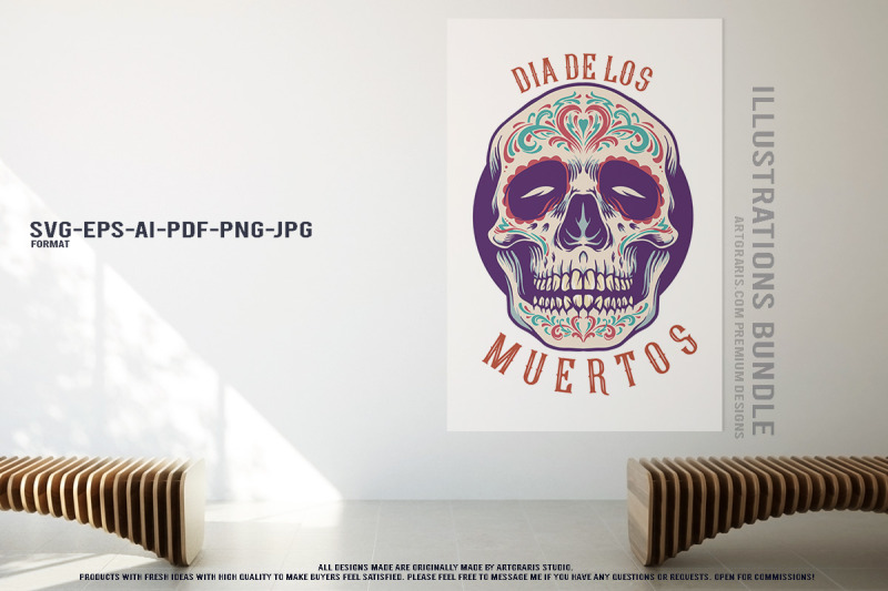 mystical-mexican-skulls-with-flowers-and-alien-art-illustrations
