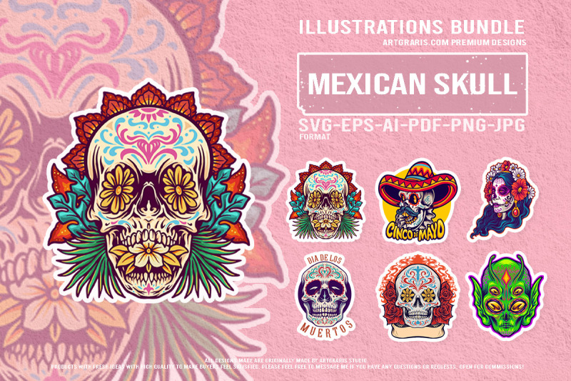 mystical-mexican-skulls-with-flowers-and-alien-art-illustrations