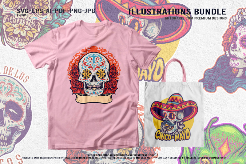 mystical-mexican-skulls-with-flowers-and-alien-art-illustrations