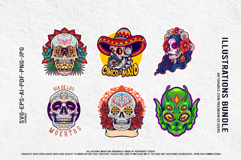 mystical-mexican-skulls-with-flowers-and-alien-art-illustrations