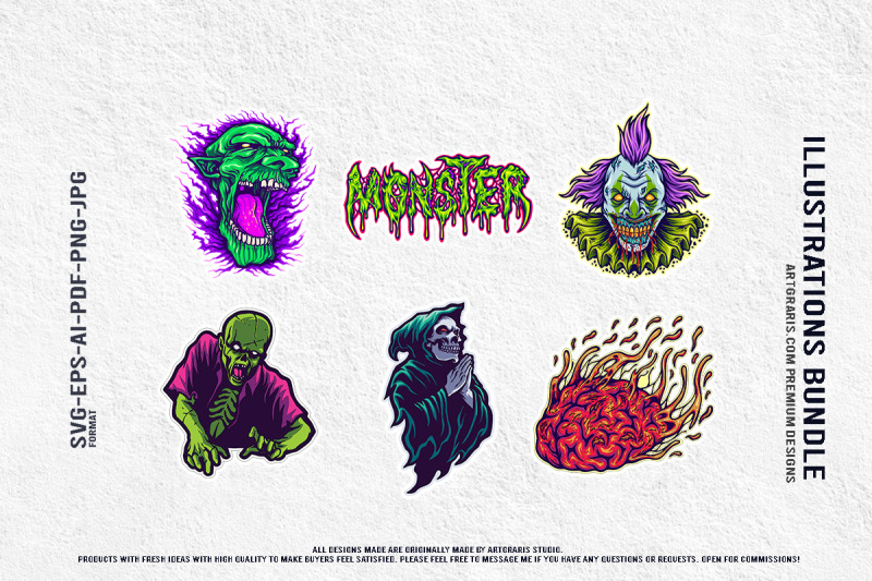 spooky-clown-zombie-goblin-fireball-grim-reaper-monster-graphic-set