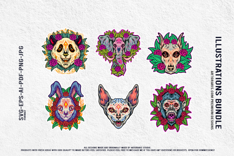 macabre-mexican-animal-heads-with-roses-tattoo-vector-design