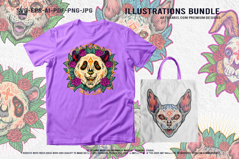 macabre-mexican-animal-heads-with-roses-tattoo-vector-design