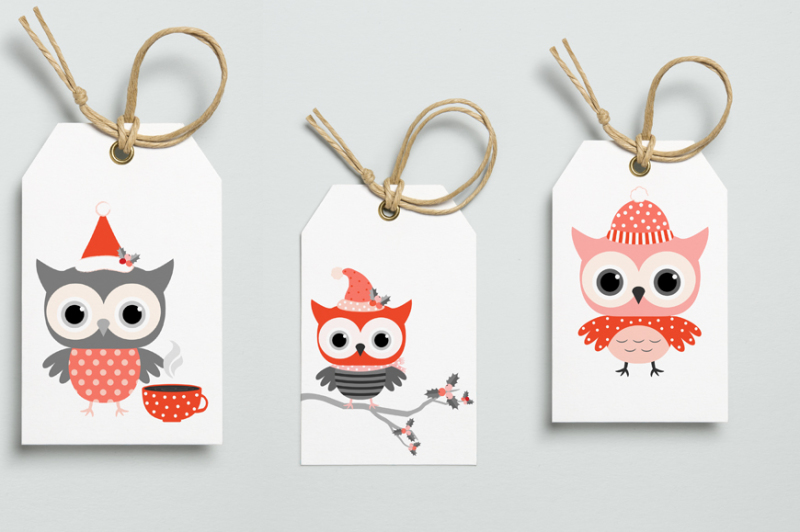 red-grey-winter-owls-clipart-cute-christmas-owl-characters-clip-art-kawaii-winter-bird-holiday-woodland-animal
