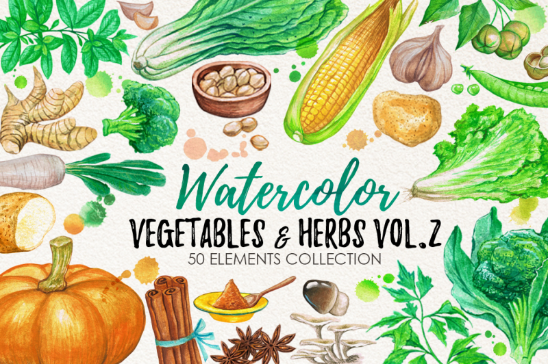 watercolor-vegetables-herbs-green