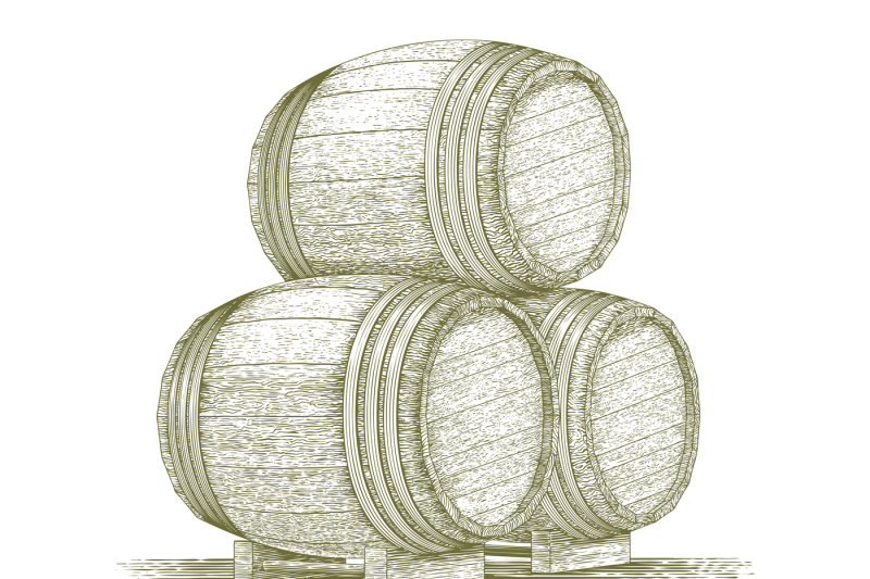 woodcut-whiskey-barrel-stack