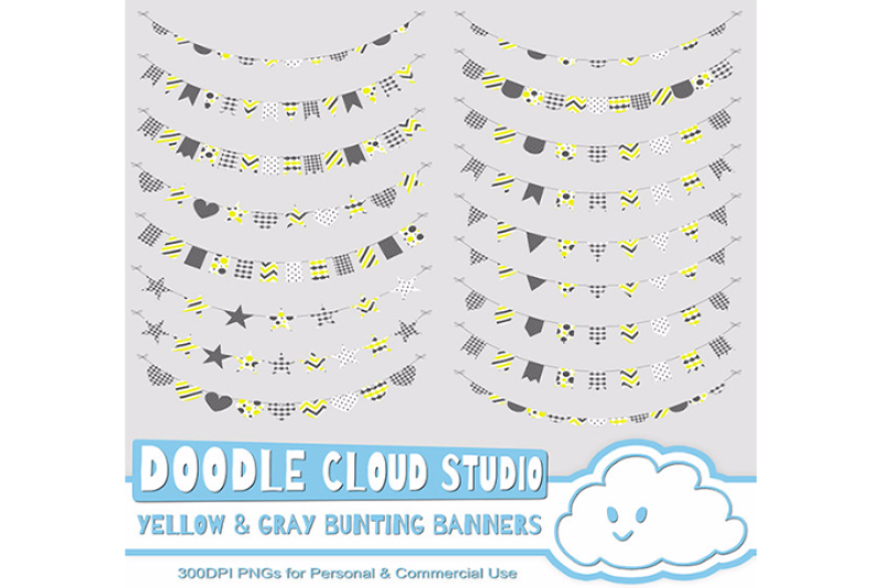 yellow-and-gray-patterns-bunting-banners-cliparts-pack-pattered-flags-transparent-background-instant-download-personal-and-commercial-use