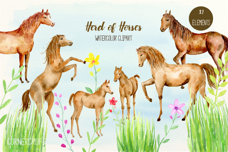 Download Watercolor Clipart Herd of Horses By Cornercroft ...