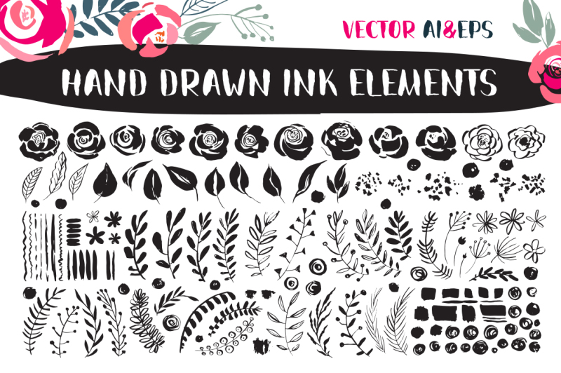 vector-ink-floral-elements-flowers-leaves-branches-etc