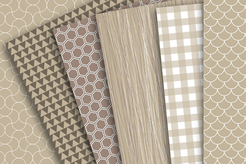 digital-paper-brown-tan-and-white-patterns-of-hexagon-triangles-plaid-gingham-scales
