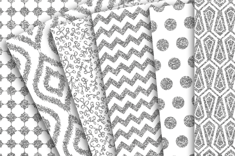 digital-paper-silver-glitter-patterns-of-polka-dots-chevron-flower-doodles-ikat-and-tiles