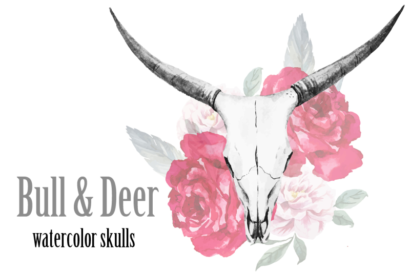 watercolor-bull-and-deer-skulls-vector