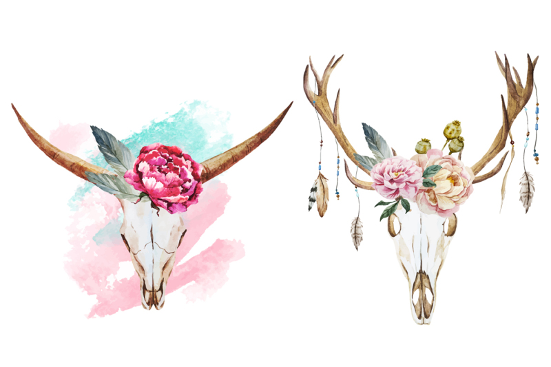 watercolor-bull-and-deer-skulls-vector