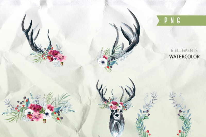 watercolor-flowers-deer-antlers