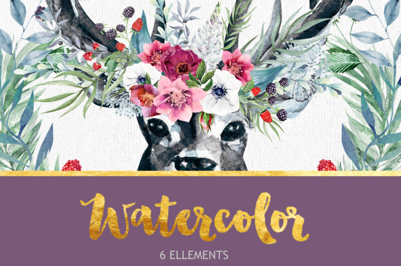 watercolor-flowers-deer-antlers