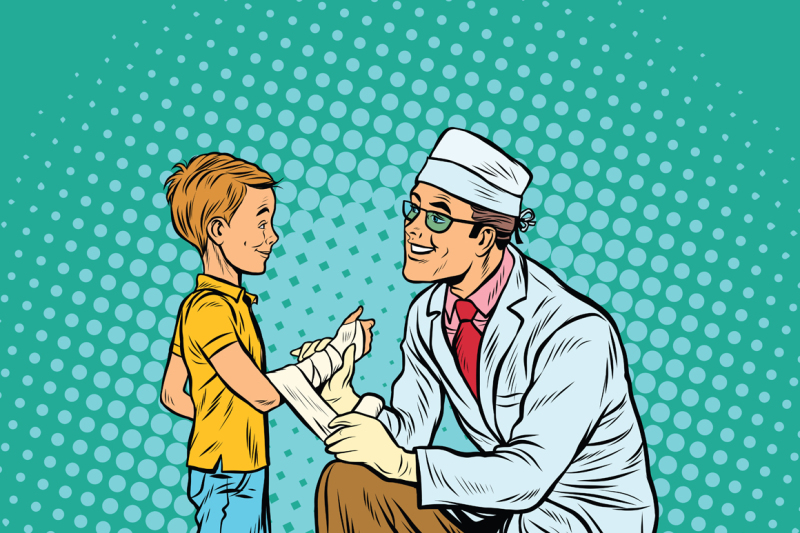 retro-doctor-bandaging-boy-injured-arm