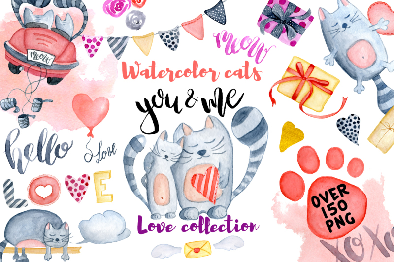 watercolor-valentines-day-cats-huge-love-watercolor-collection
