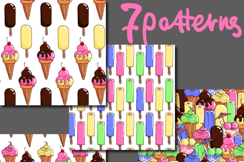 6-cartoon-ice-cream-patterns-set
