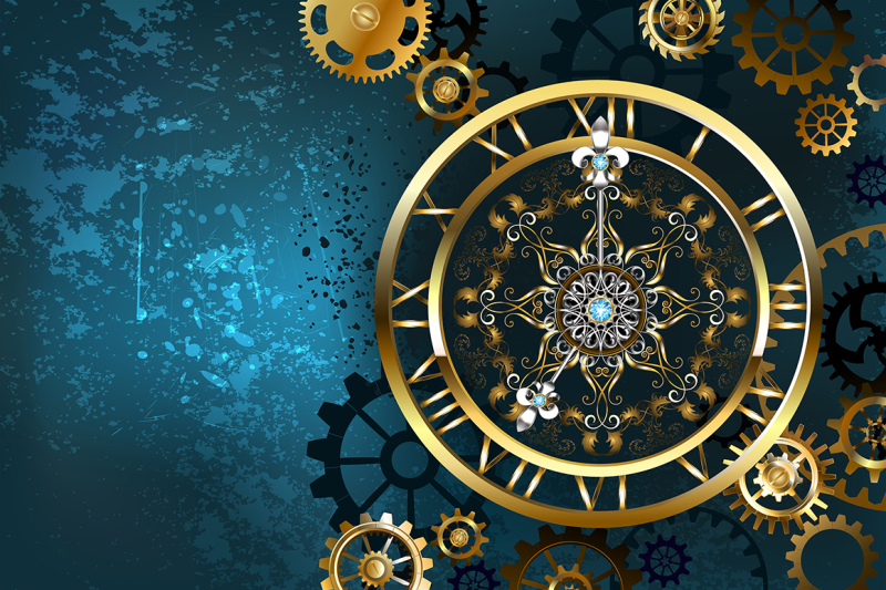 golden-clock-on-turquoise-background-steampunk