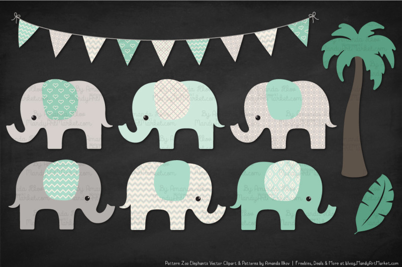 pattern-zoo-vector-elephants-clipart-and-digital-papers-in-mint