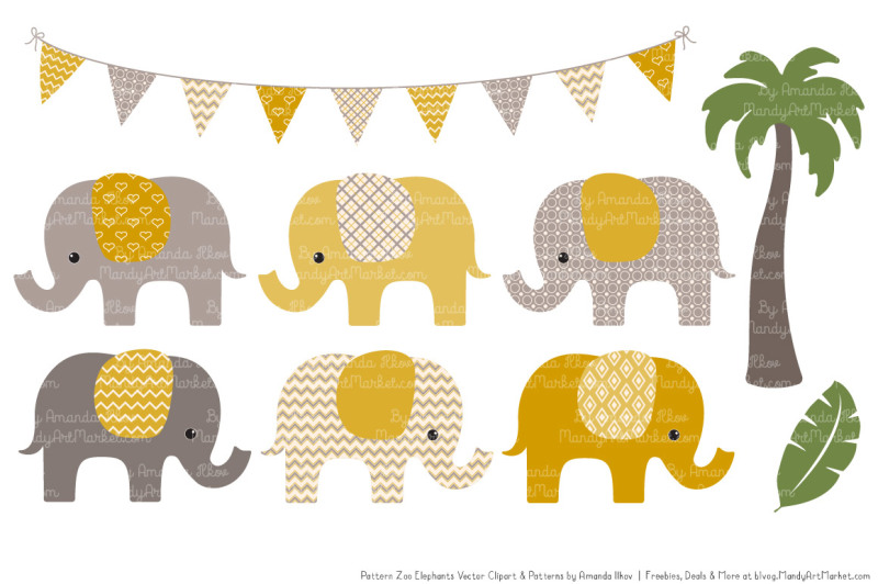 pattern-zoo-vector-elephants-clipart-and-digital-papers-in-mustard