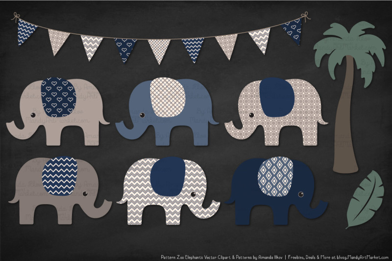 pattern-zoo-vector-elephants-clipart-and-digital-papers-in-navy