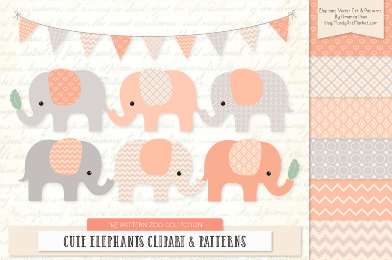 pattern-zoo-vector-elephants-clipart-and-digital-papers-in-peach