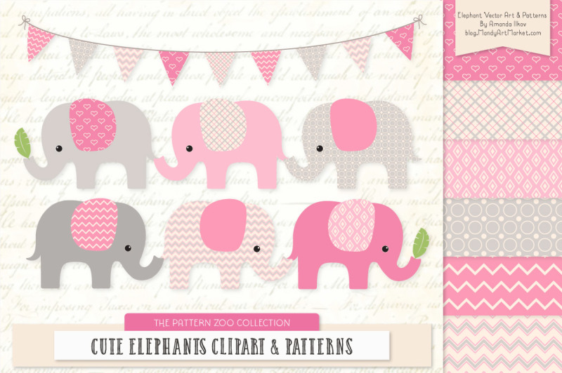 pattern-zoo-vector-elephants-clipart-and-digital-papers-in-pink