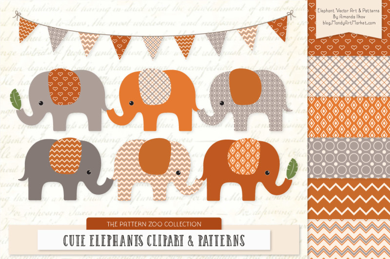 pattern-zoo-vector-elephants-clipart-and-digital-papers-in-pumpkin