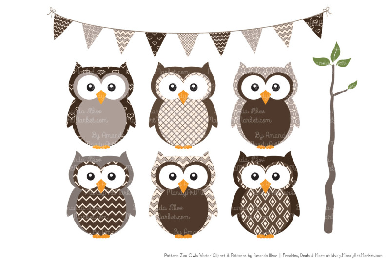 pattern-zoo-vector-owls-clipart-and-digital-papers-in-chocolate