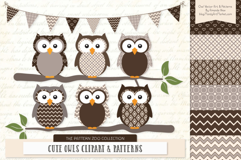 pattern-zoo-vector-owls-clipart-and-digital-papers-in-chocolate