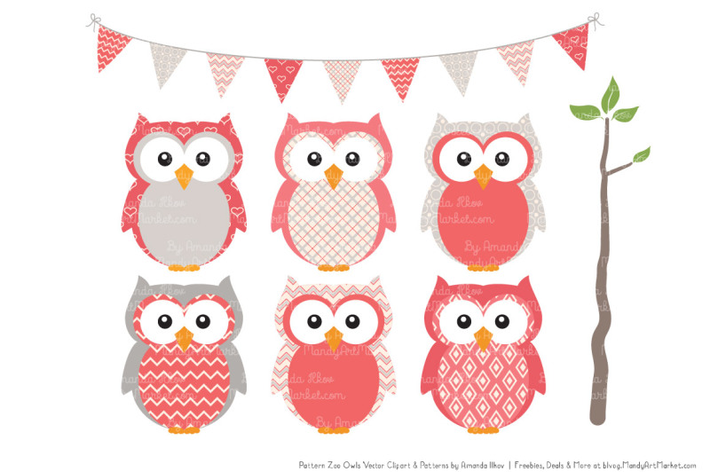 pattern-zoo-vector-owls-clipart-and-digital-papers-in-coral