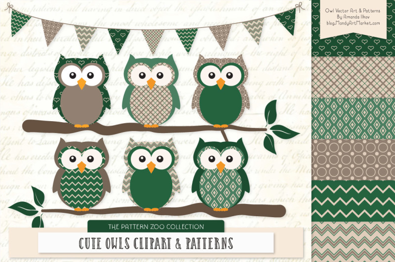 pattern-zoo-vector-owls-clipart-and-digital-papers-in-emerald
