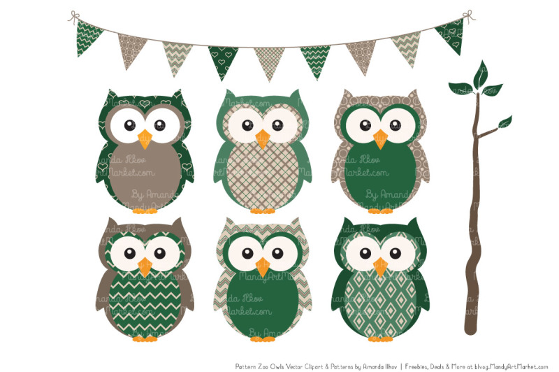 pattern-zoo-vector-owls-clipart-and-digital-papers-in-emerald