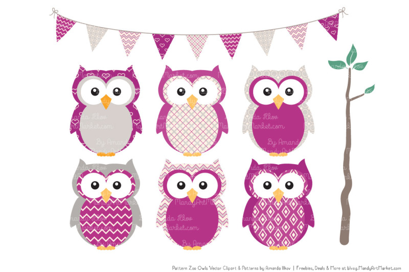 pattern-zoo-vector-owls-clipart-and-digital-papers-in-fuchsia