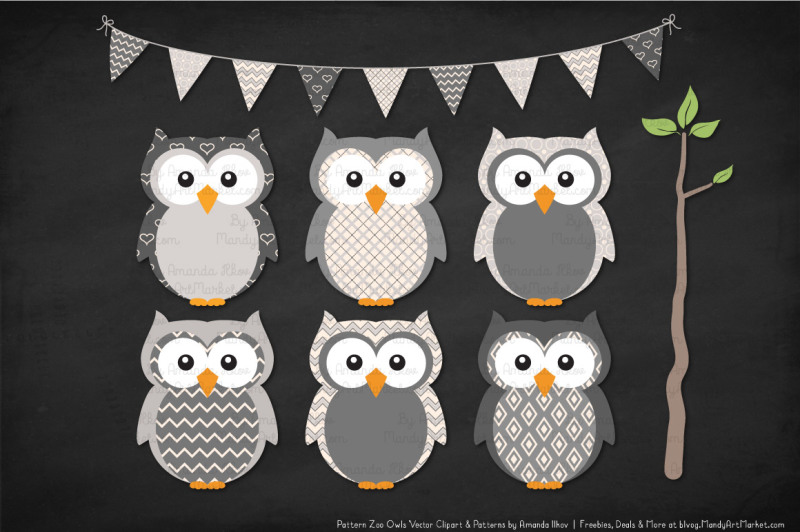 pattern-zoo-vector-owls-clipart-and-digital-papers-in-grey
