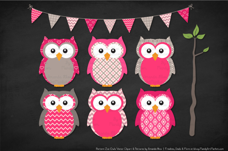 pattern-zoo-vector-owls-clipart-and-digital-papers-in-hot-pink