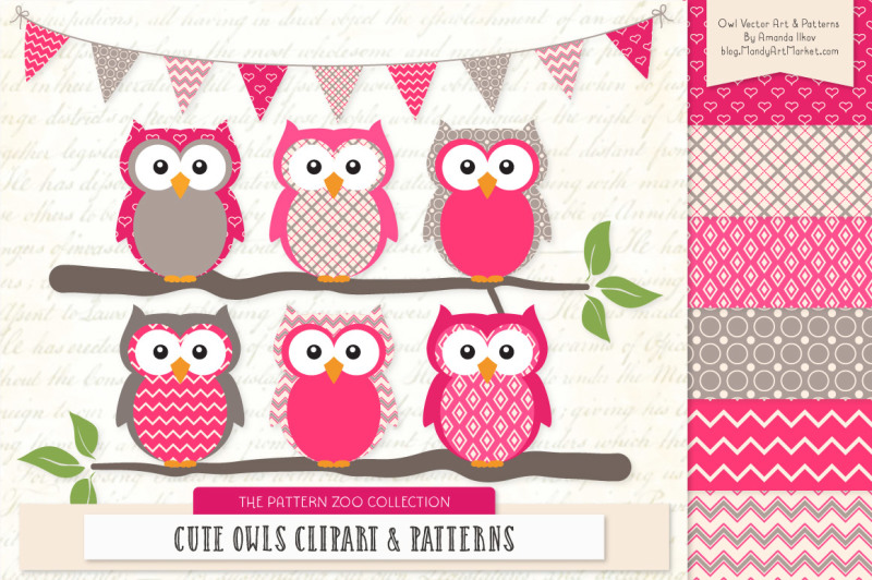 pattern-zoo-vector-owls-clipart-and-digital-papers-in-hot-pink