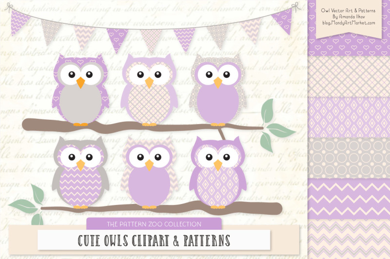 pattern-zoo-vector-owls-clipart-and-digital-papers-in-lavender