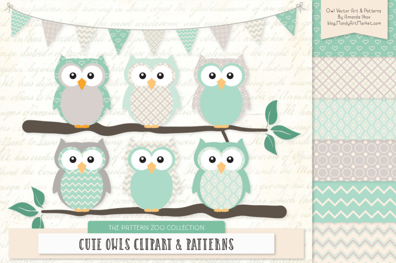 pattern-zoo-vector-owls-clipart-and-digital-papers-in-mint