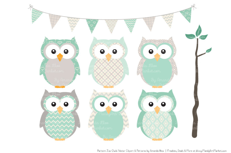 pattern-zoo-vector-owls-clipart-and-digital-papers-in-mint